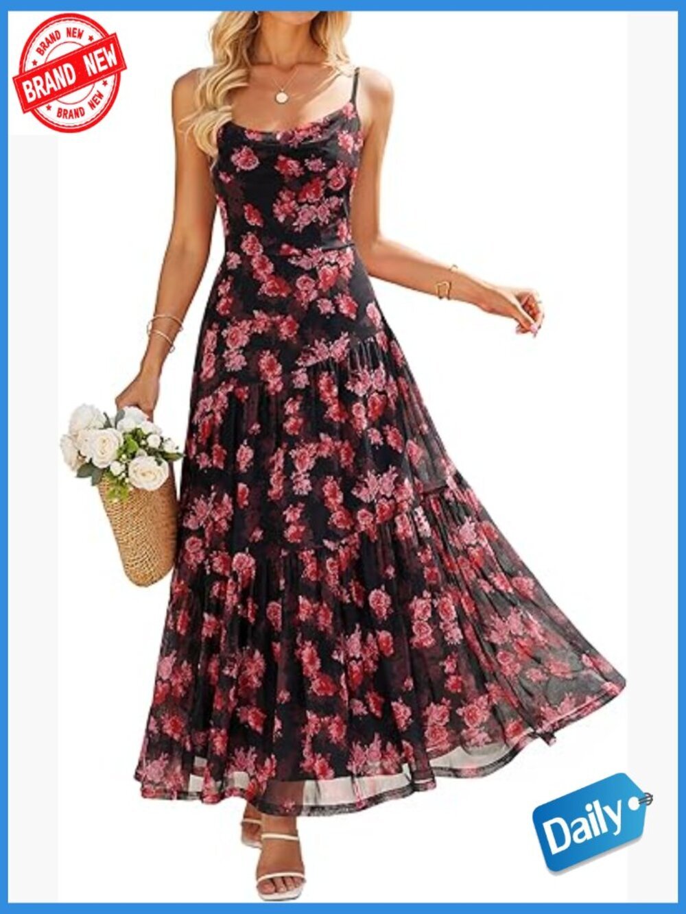 Sleeveless Floral Maxi Dress with Cowl Neck, A-Line Silhouette, Spaghetti